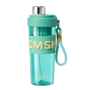 Green portable fruit tea cup with straw, silicone strap and stainless steel lid, main view.