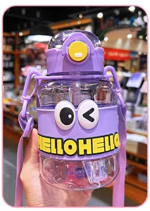 Cute big eye water bottle kids portable straw cup dopamine purple belly cute cup