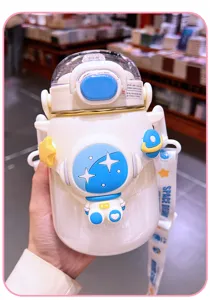 Cute astronaut kids water bottle with straw and strap, large capacity plastic cup detail.