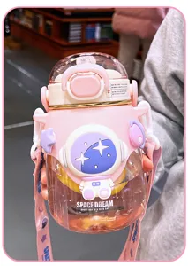 Pink astronaut kids water bottle with straw and strap, large capacity cute plastic cup school.