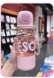 Borraccia rosa con cannuccia e lettere creative, simpatica tazza in plastica portatile.