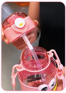 Pink cute children water bottle with straw and cartoon big eyes design portable cup