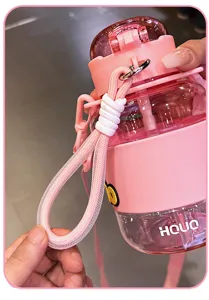 Pink portable belly water bottle detail straw cup with strap cute daily drinking cup drinkware