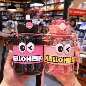 Cute Cartoon Big Eye Water Bottle Large Capacity Portable Straw Cup Double Drink Plastic Tumbler With Strap