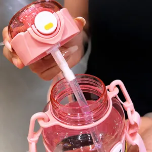 Cute pink big belly water bottle with straw and strap, portable kids tumbler for daily use.