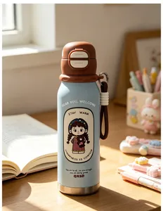 Cute stainless steel insulated water bottle with strap, aesthetic straw cup for kids daily use.