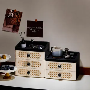 Retro Stijl Desktop Opbergdoos Meerlaagse Lade Rattan Organizer Plastic Make-up Cosmetica Diverse Artikelen Houder Voor Thuis Kantoor