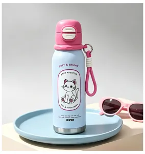 Stainless steel insulated water bottle cute cat design pink blue portable kids flask