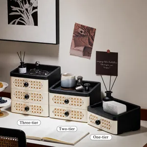 Vintage bureau opbergdoos met rattenschuiven, zwarte en beige organizer voor bureau.