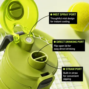 Portable spray water bottle with dual drinking ports and straw, ideal for sports and fitness.