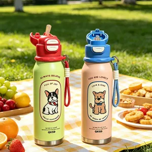 Cute stainless steel insulated water bottle with straw, cartoon dog print, kids cup.