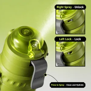 Portable spray sports water bottle with straw, cooling function, and secure safety lock design.
