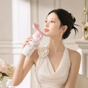Stainless steel thermos water bottle with straw and cute floral pattern design for daily use