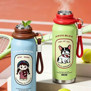Cute stainless steel vacuum insulated water bottle with strap and cartoon print