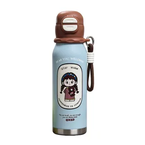 Stainless steel insulated water bottle cute portable kids thermos cup with handy strap