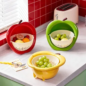 Creative Apple Shaped Double Layer Draining Basket Plastic Fruit Vegetable Drain Sieve Kitchen Multifunctional Fruit Plate