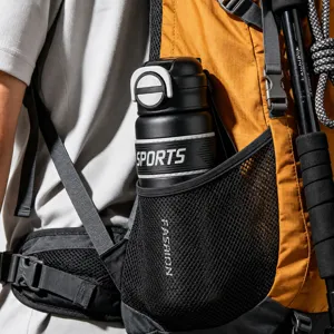 Portable sports water bottle with dual drinking lid and strap for outdoor fitness use.