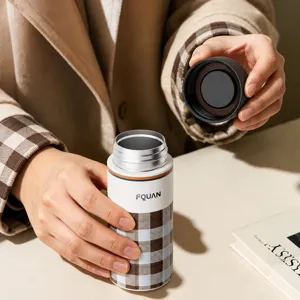 Portable mini thermos water bottle with stylish brown plaid pattern for outdoor travel daily use.
