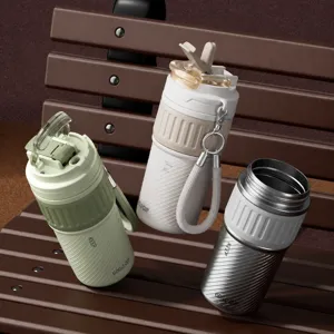 Ins trendy straw thermos cup, large capacity portable coffee mug, dual-drink water bottle