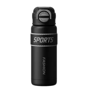 Black stainless steel insulated sports water bottle with dual-drinking straw and strap.