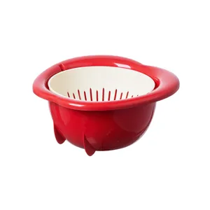 Double layer plastic kitchen drain basket colander for washing fruits and vegetables red white