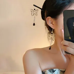 New Chinese Style Wooden Butterfly Hair Stick Ancient Hanfu Hair Accessory Long Tassel Step-Shake Hair Fork Elegant Women Jewelry