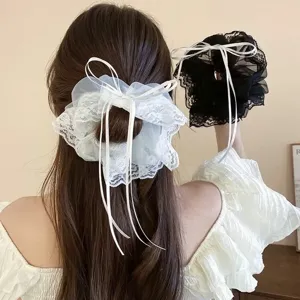 Chouchou en Organza pour Femmes avec Grand Nœud Élastique à Cheveux Doux Maille Dentelle Mode Style Coréen Accessoires Cheveux