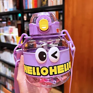 Purple cute big belly water bottle with straw and strap, cartoon eyes portable tumbler cup for kids