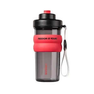Portable large capacity plastic water bottle with silicone grip and lanyard for sports.
