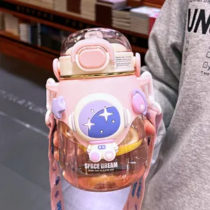 Childrens Large Capacity Water Bottle With Straw And Strap Cute Astronaut Plastic Drinking Cup For School Students