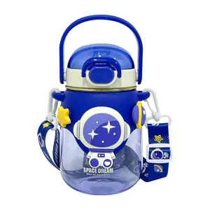 Children astronaut water bottle with straw and strap, large capacity blue portable kettle for school.