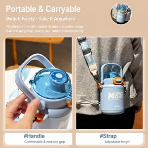 Large capacity stainless steel insulated water bottle with strap and portable handle.
