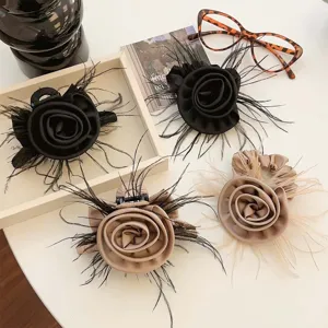 French Vintage Rose Flower Hair Claw Elegant Feather Satin Ribbon Shark Clip Chic Handmade Fabric Hair Tie For Women Hair Styling Accessories