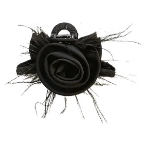 Elegant black rose hair claw clip with feather accents for retro French style.