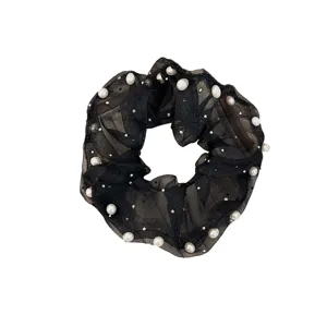 Eleganter schwarzer Organza Haargummi Scrunchie mit zarten weißen Perlen für Damen