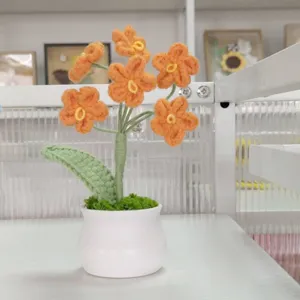 Handcrafted crochet orange flower potted plant wool knit home decor DIY gift aesthetic