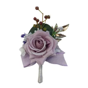 Elegant dusty purple rose boutonniere for wedding groom groomsmen floral corsage pin accessory