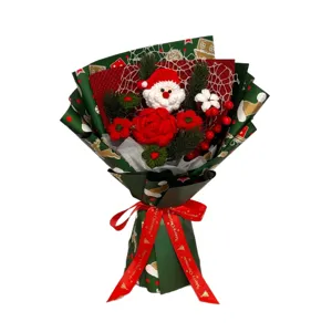 Handcrafted crochet Christmas bouquet artificial flowers with Santa rose and gift ribbon for holiday decor