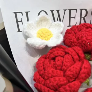 Handmade crochet flower bouquet, cute red roses and white daisy knit gift for Valentine day.