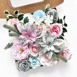 Boîte Cadeau de Fleurs de Roses en Soie Artificielle Rose Noël Arrangement Floral Décoration Maison Bouquet de Mariage Matériaux d'Artisanat
