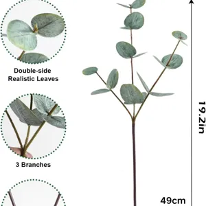Artificial eucalyptus branch with realistic double-sided green leaves and three stems for home decor.