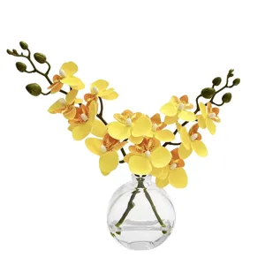 Orchidée Phalaenopsis Artificielle Fleur de Soie en Vase en Verre Déco Bureau
