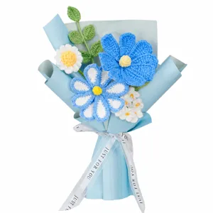 Handcrafted crochet flower bouquet finished gift blue daisy aesthetic room decoration present