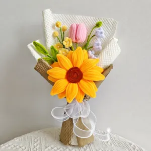 Bouquet de fleurs en chenille fait main tournesol artificiel peluche cadeau détails.