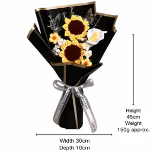 Handmade crochet sunflower yarn bouquet with elegant gift wrap for teacher and graduation.