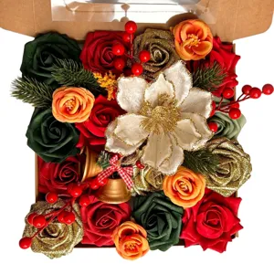 Coffret cadeau DIY de fleurs de Noël artificielles avec roses multicolores, baies et pin.