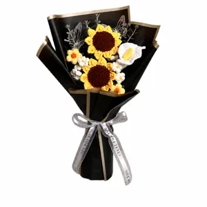 Handmade crochet sunflower bouquet knitted flower gift for teachers graduation decor.