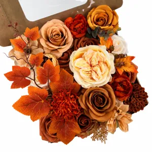 Artificial autumn flower box DIY fake roses and maple leaves bouquet for wedding party home decor