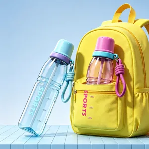 Portable plastic water bottle with straw, large capacity cute sports cup for school daily.