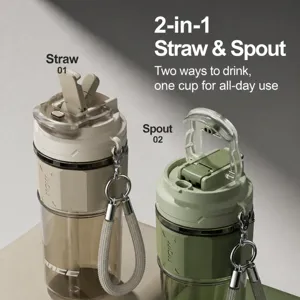 Portable dual-drink water bottle with straw and direct drinking mouth, large capacity cup.